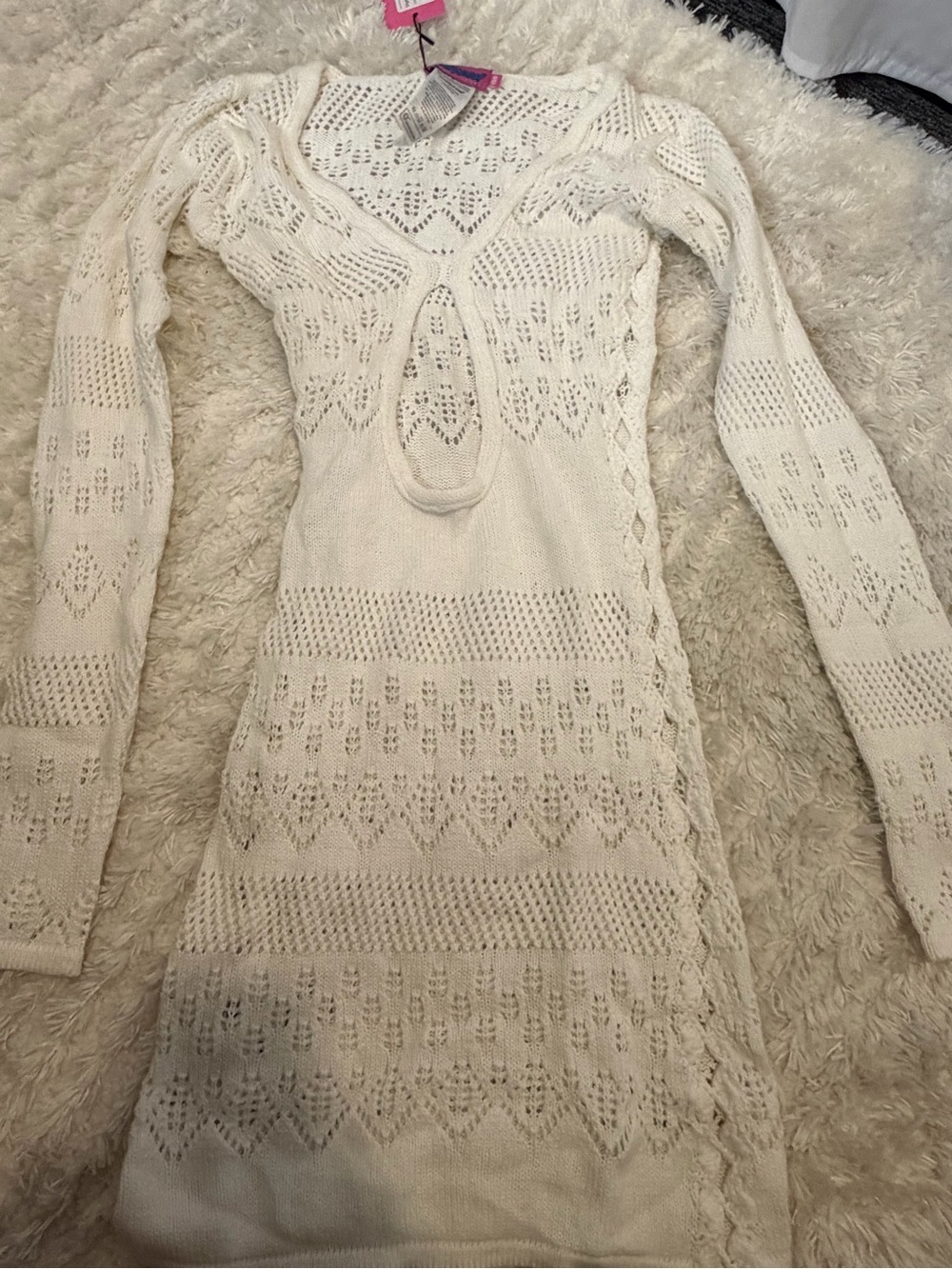 Edikted Women’s Ivory Crochet Knit Long Sleeve Dress cover up